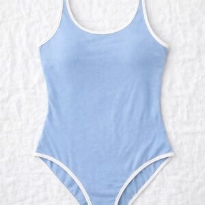 Light Blue One-Piece Swimsuit with White Trim